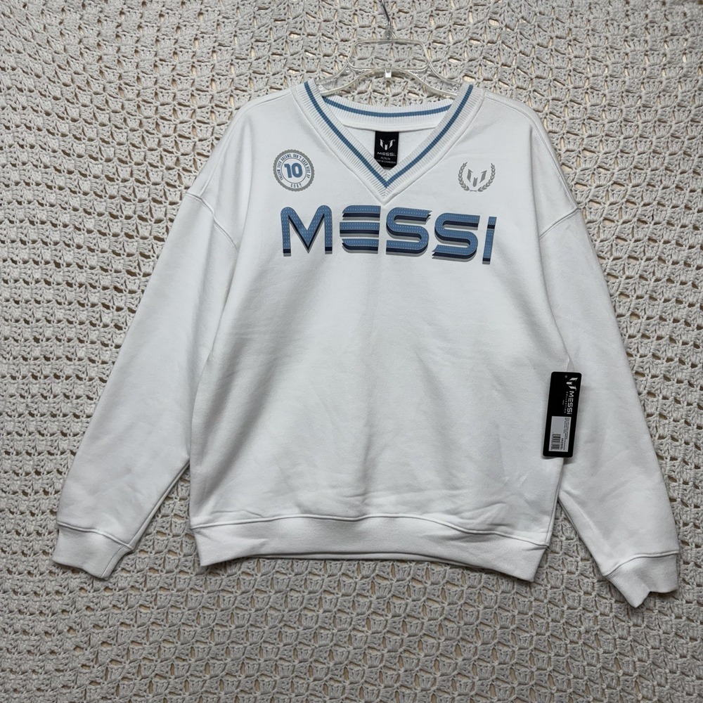 Messi Sweatshirt Mens Size M White V-Neck #10 GOAT Graphic Pullover NWT
